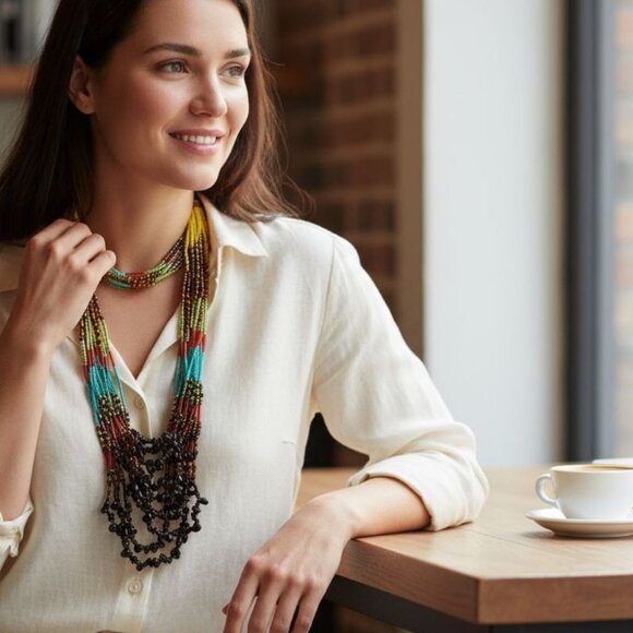 Colorful Peyote Multi-Stand Seed Bead Bohemian Necklace Native American Artistic - Picture 1 of 15